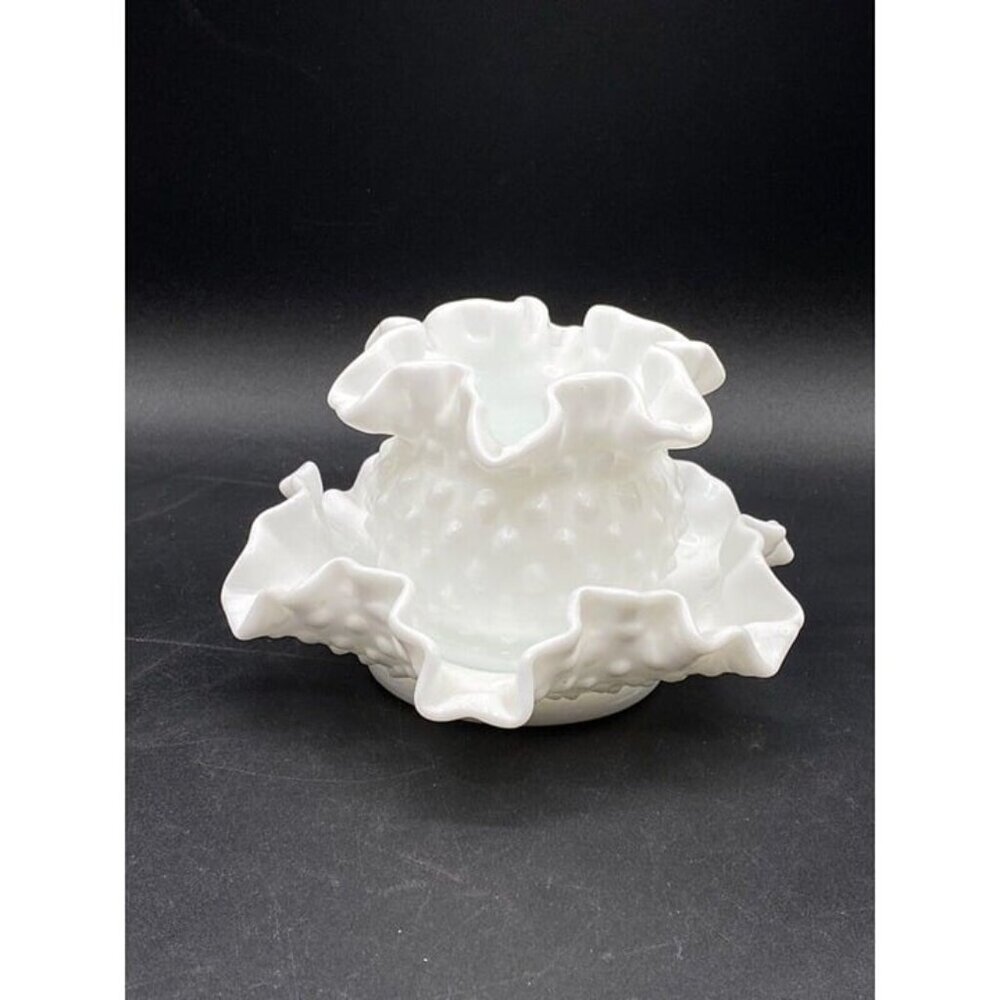 Fenton Milk Glass Hobnail Candy Bon Bon Dish Ruffled Bowl Vase Set Of 2 - Picture 1 of 12